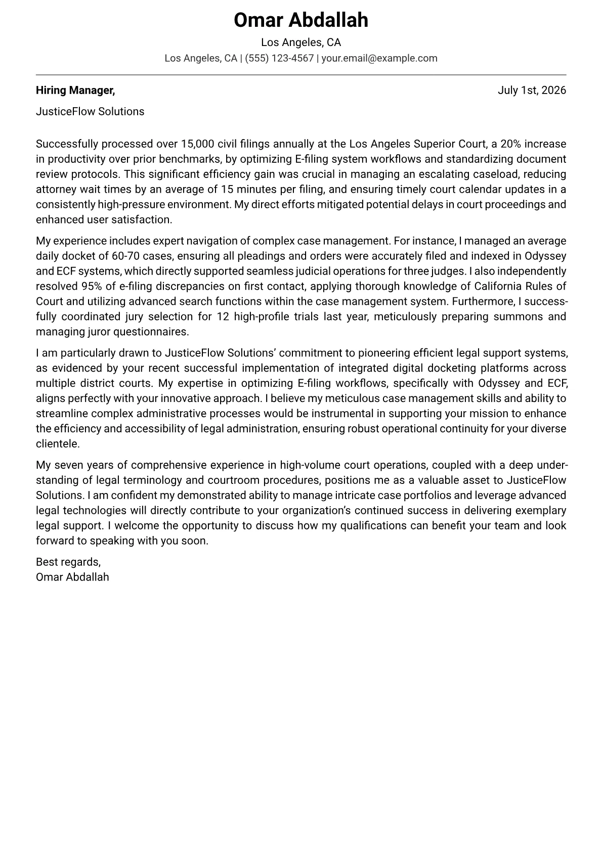 Court Clerk cover letter formatted with a JobSprout template