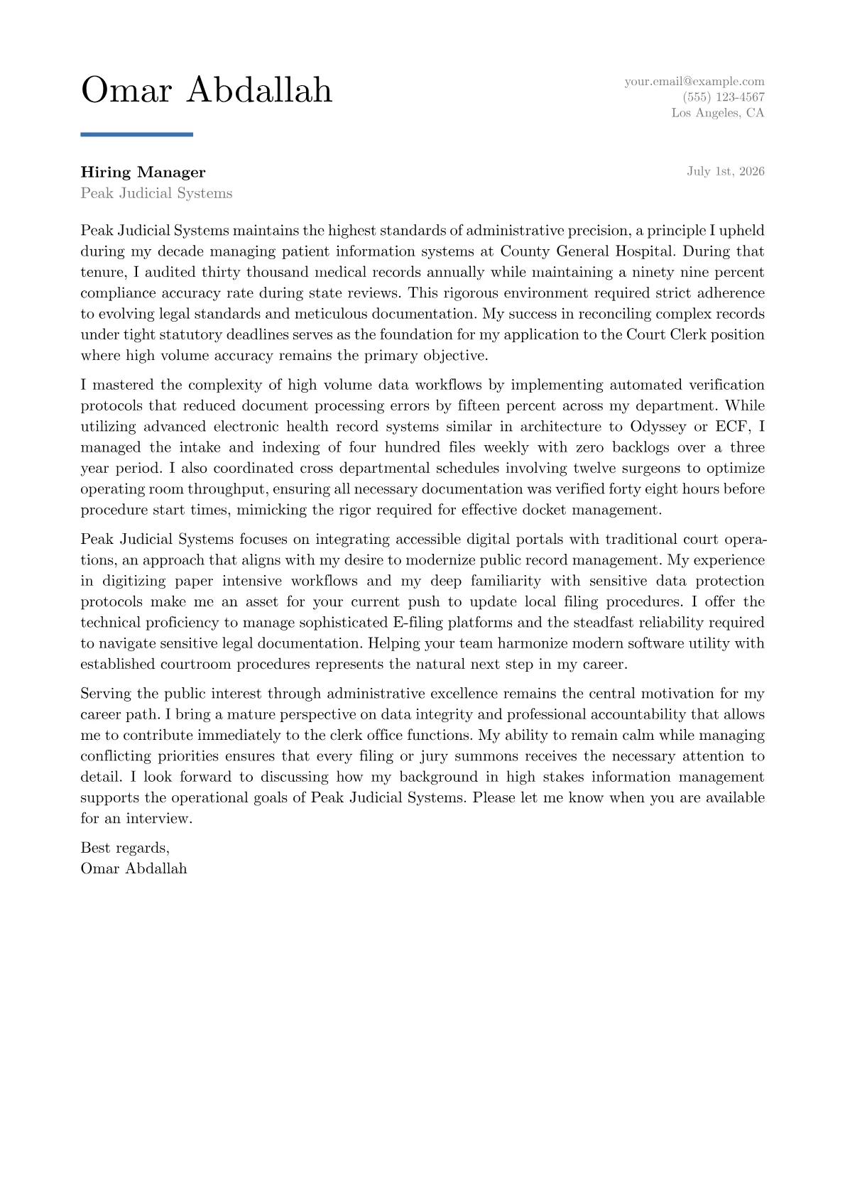 Court Clerk cover letter in the Executive design