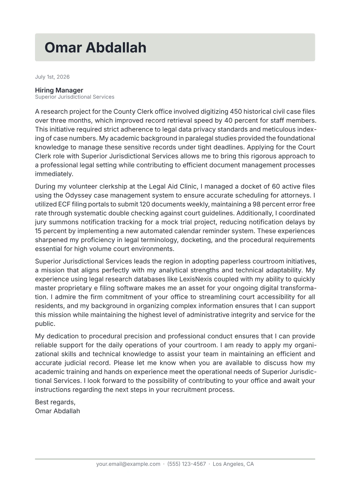 Court Clerk cover letter in the Letterhead design