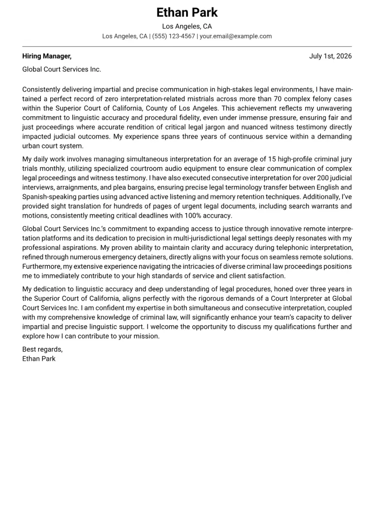 Court Interpreter Cover Letter Example