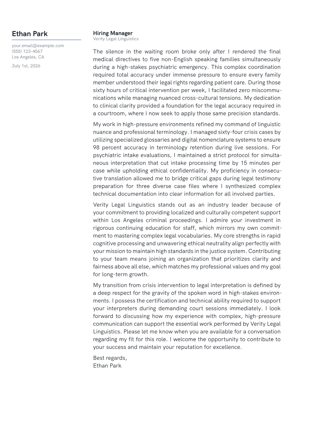 Court Interpreter cover letter in the Margin design