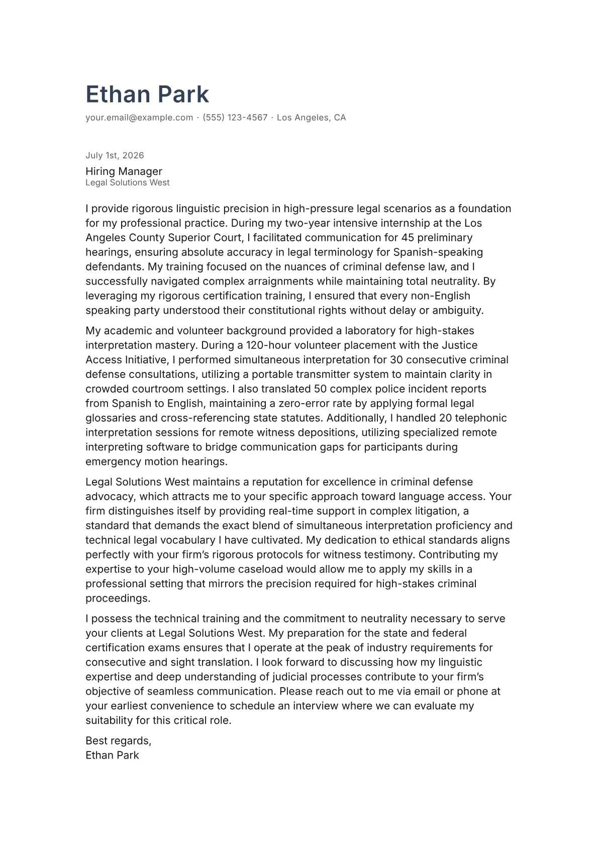 Court Interpreter cover letter in the Minimal design
