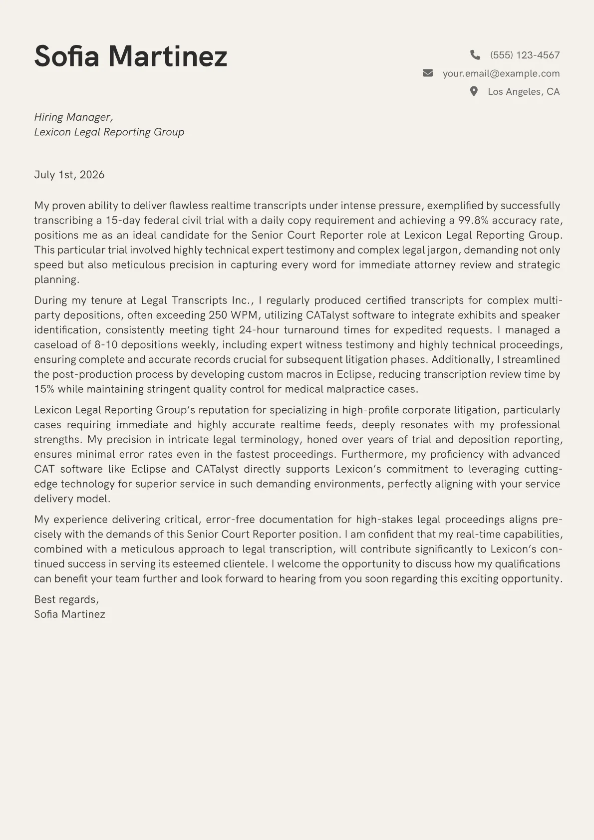 Court Reporter cover letter formatted with a JobSprout template