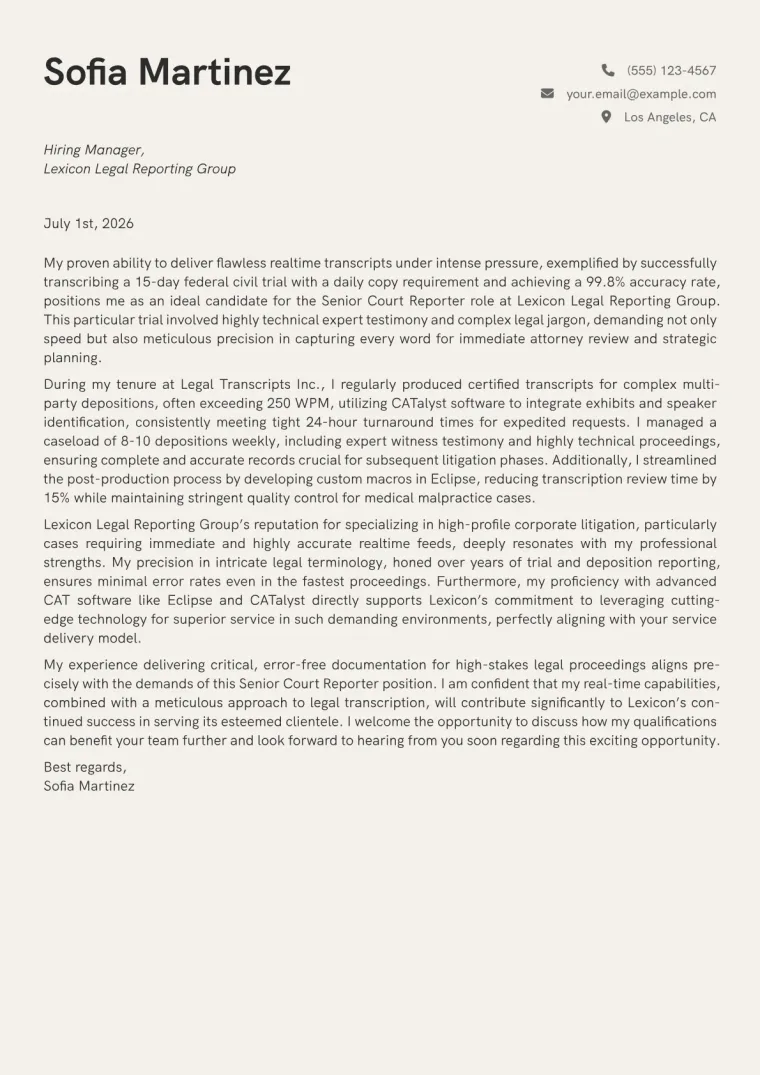 Court Reporter cover letter example preview