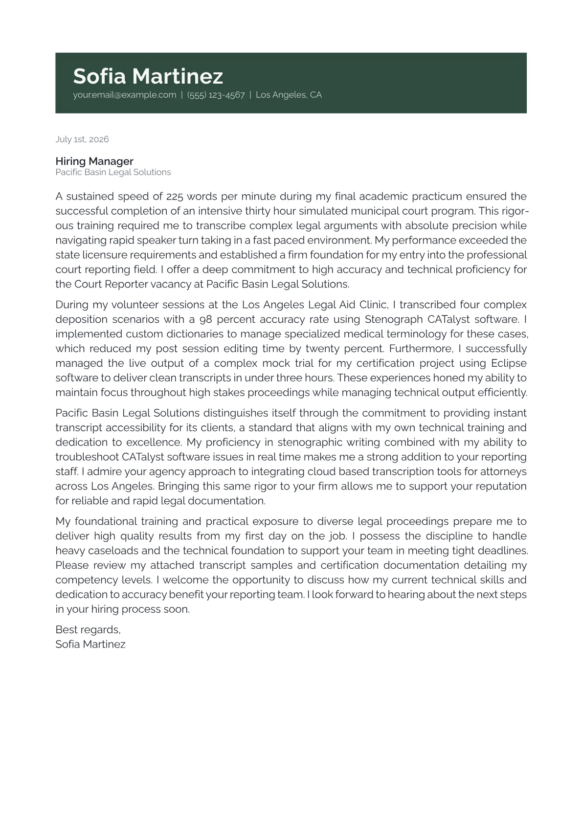 Court Reporter cover letter in the Banner design