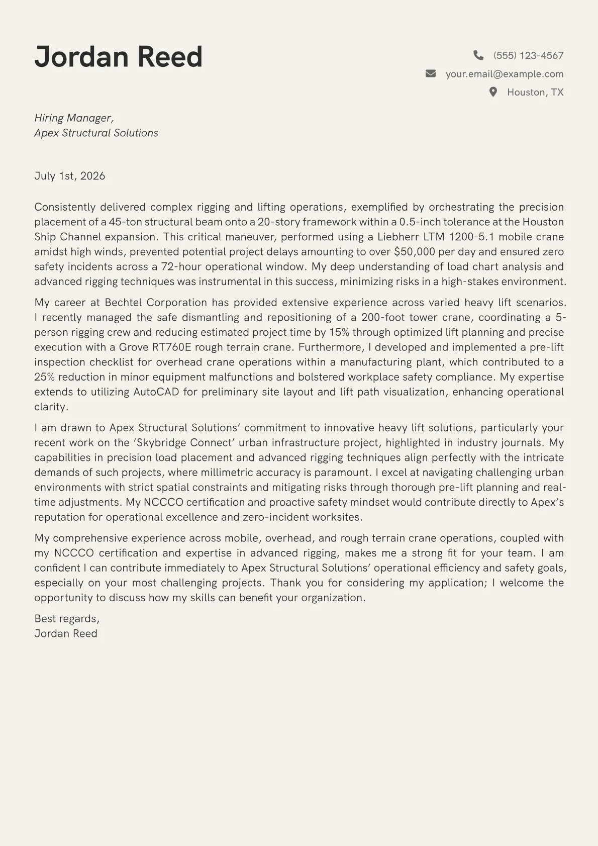 Crane Operator cover letter formatted with a JobSprout template