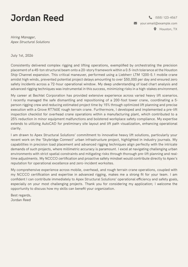 Crane Operator Cover Letter Example