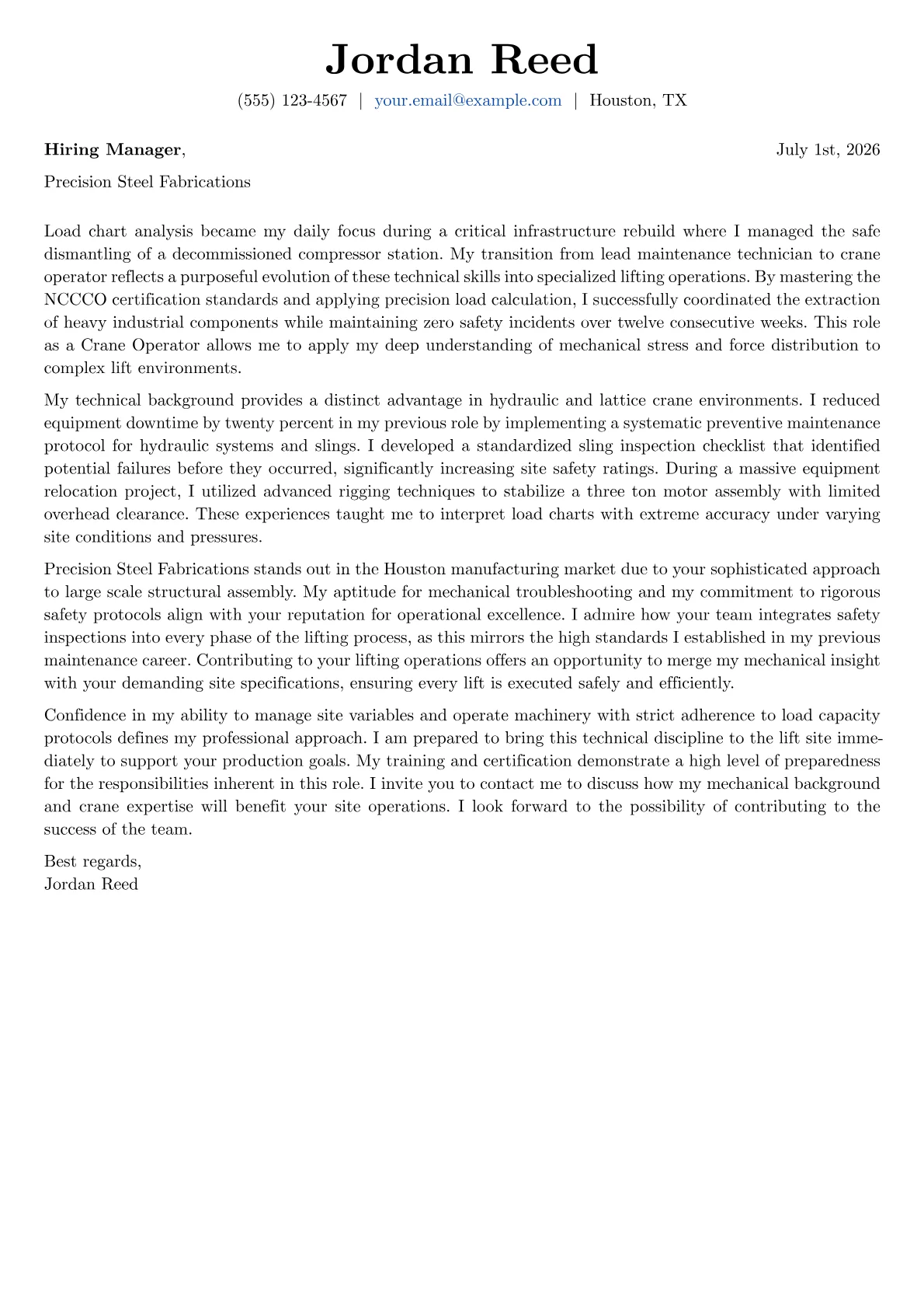 Crane Operator cover letter in the Basic design