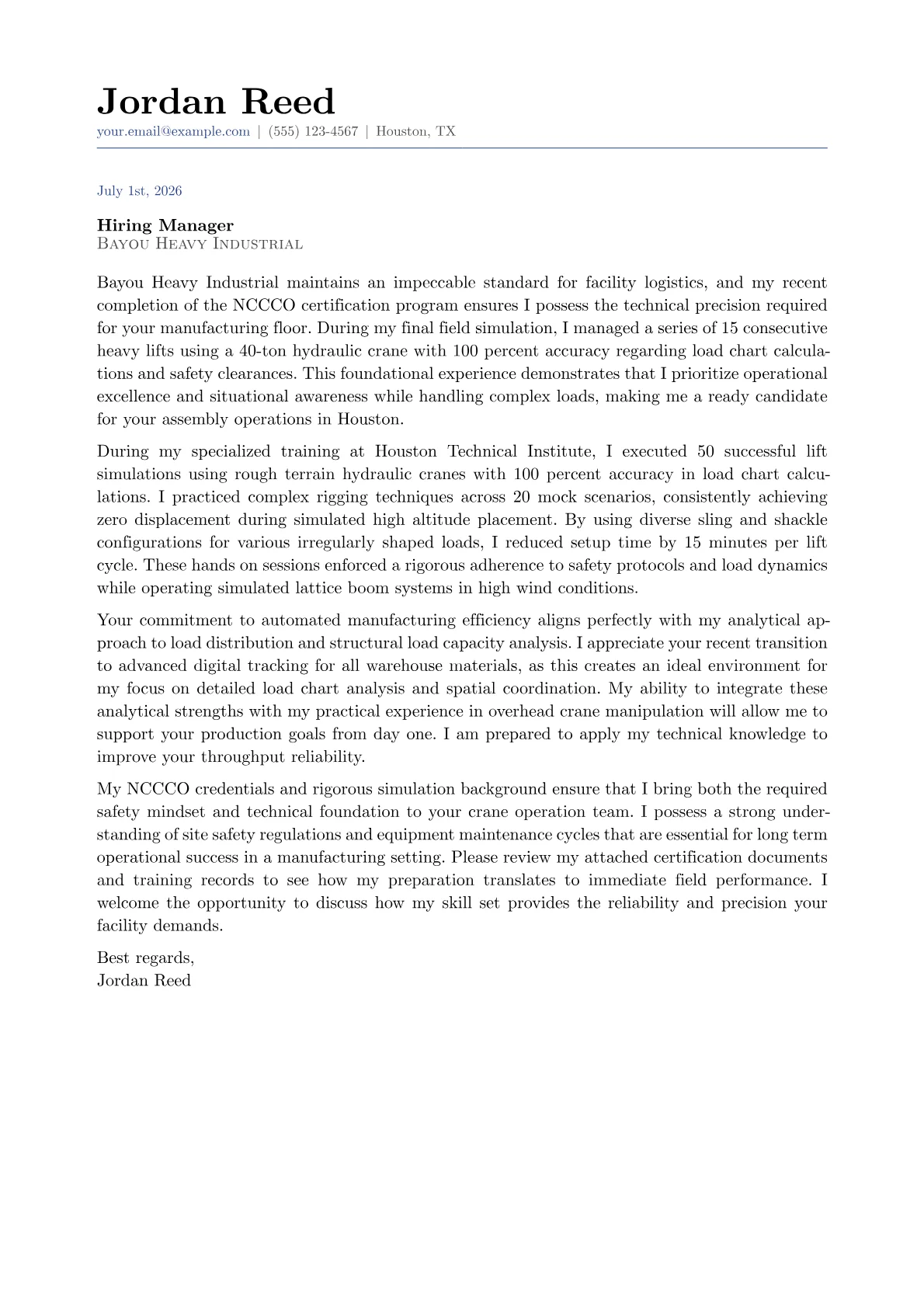 Crane Operator cover letter in the Classic design