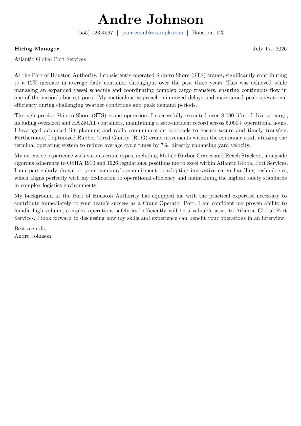 Crane Operator Port cover letter formatted with a JobSprout template
