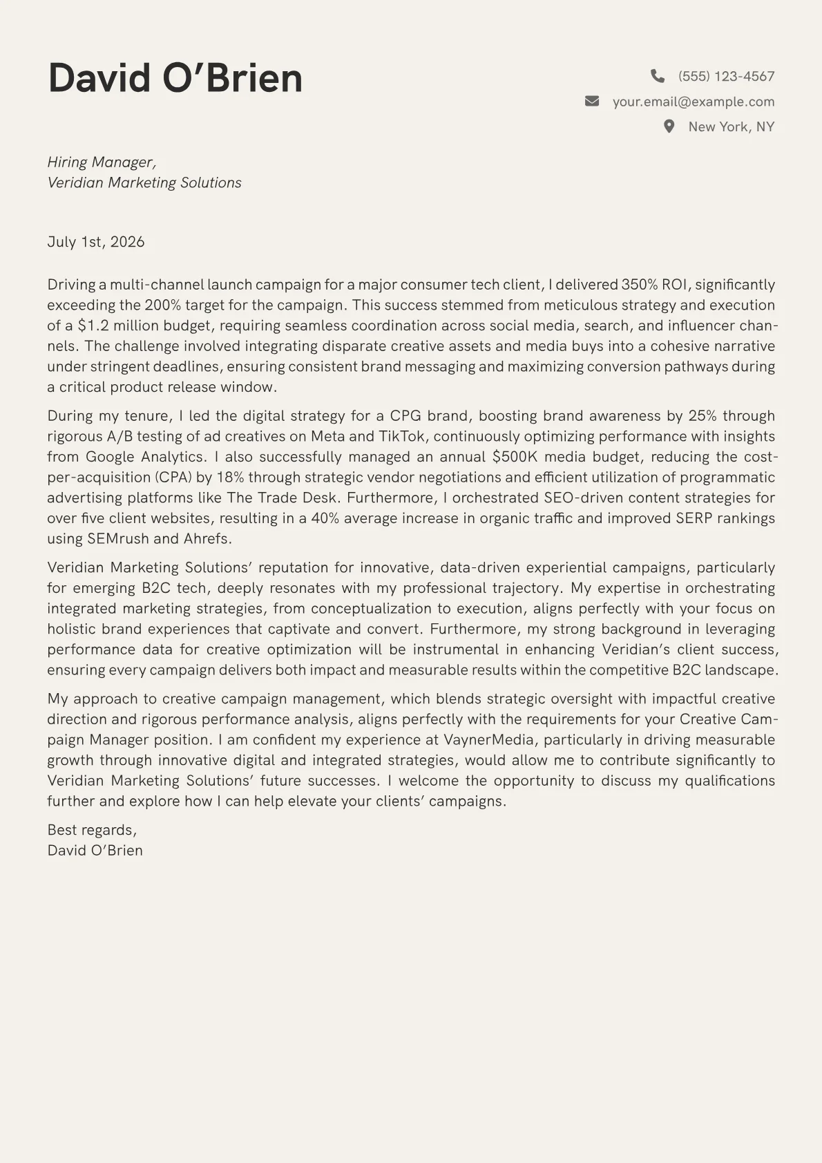 Creative Campaign Manager cover letter formatted with a JobSprout template