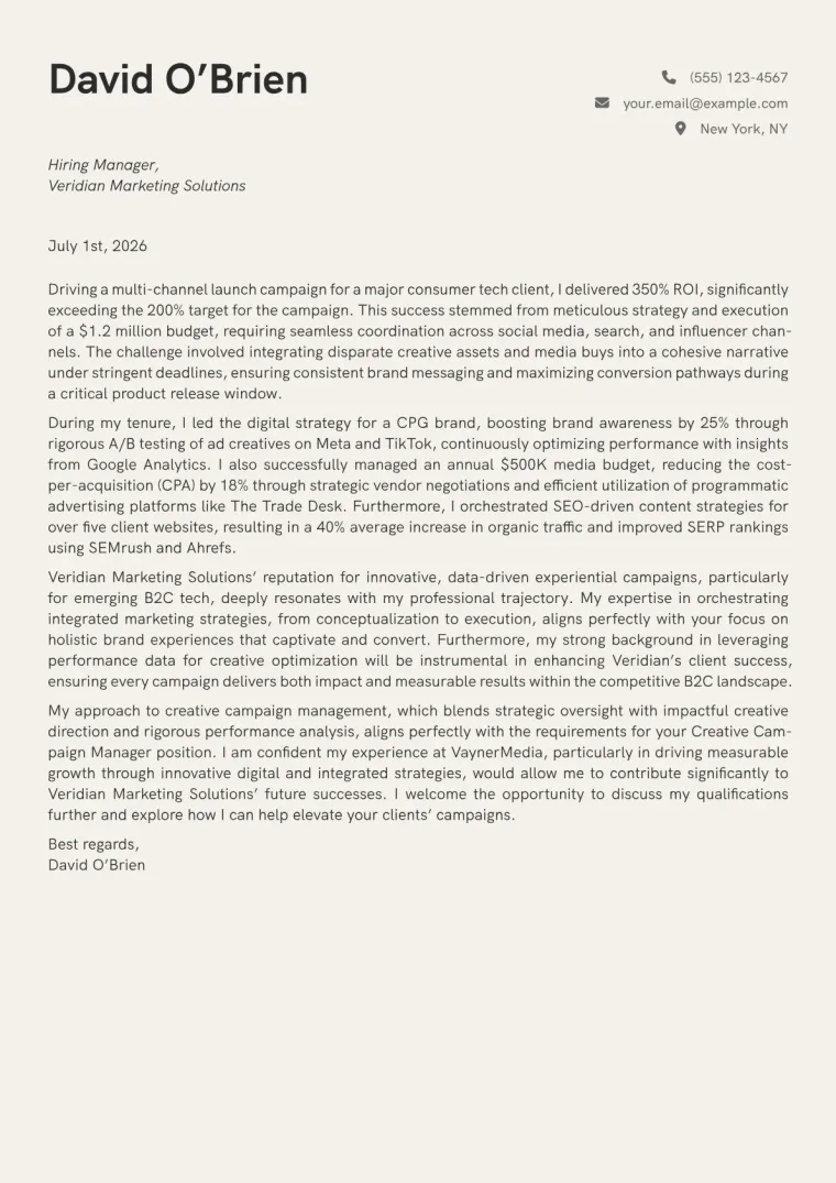 Creative Campaign Manager cover letter example preview