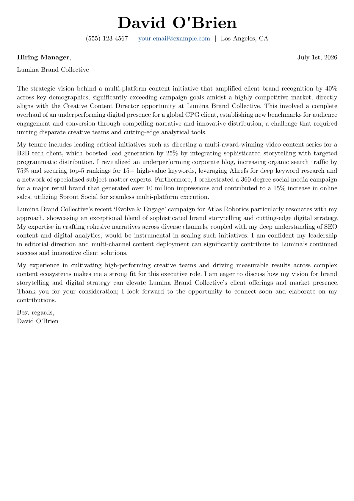 Creative Content Director cover letter formatted with a JobSprout template