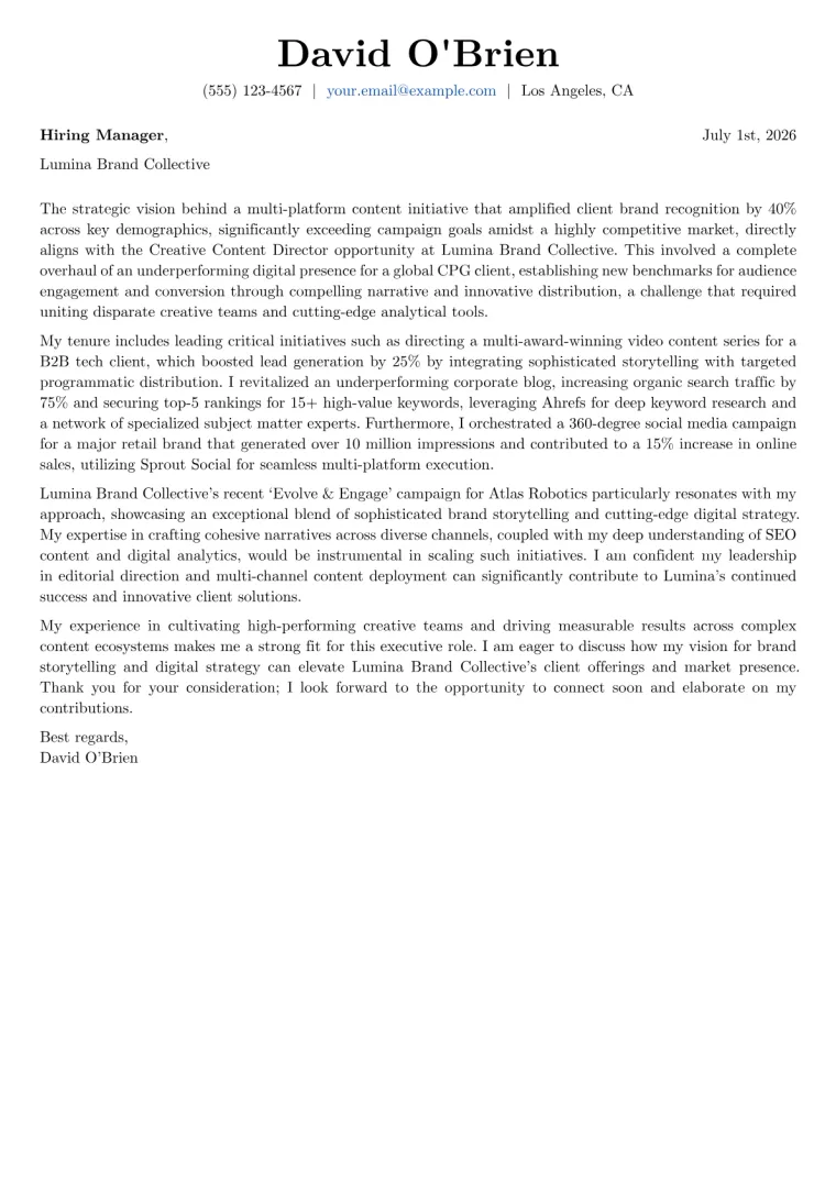 Creative Content Director cover letter example preview