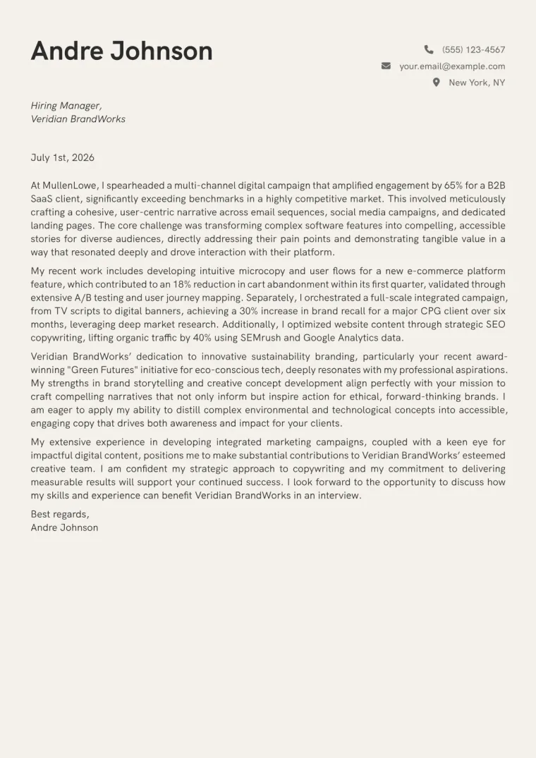 Creative Copywriter cover letter example preview