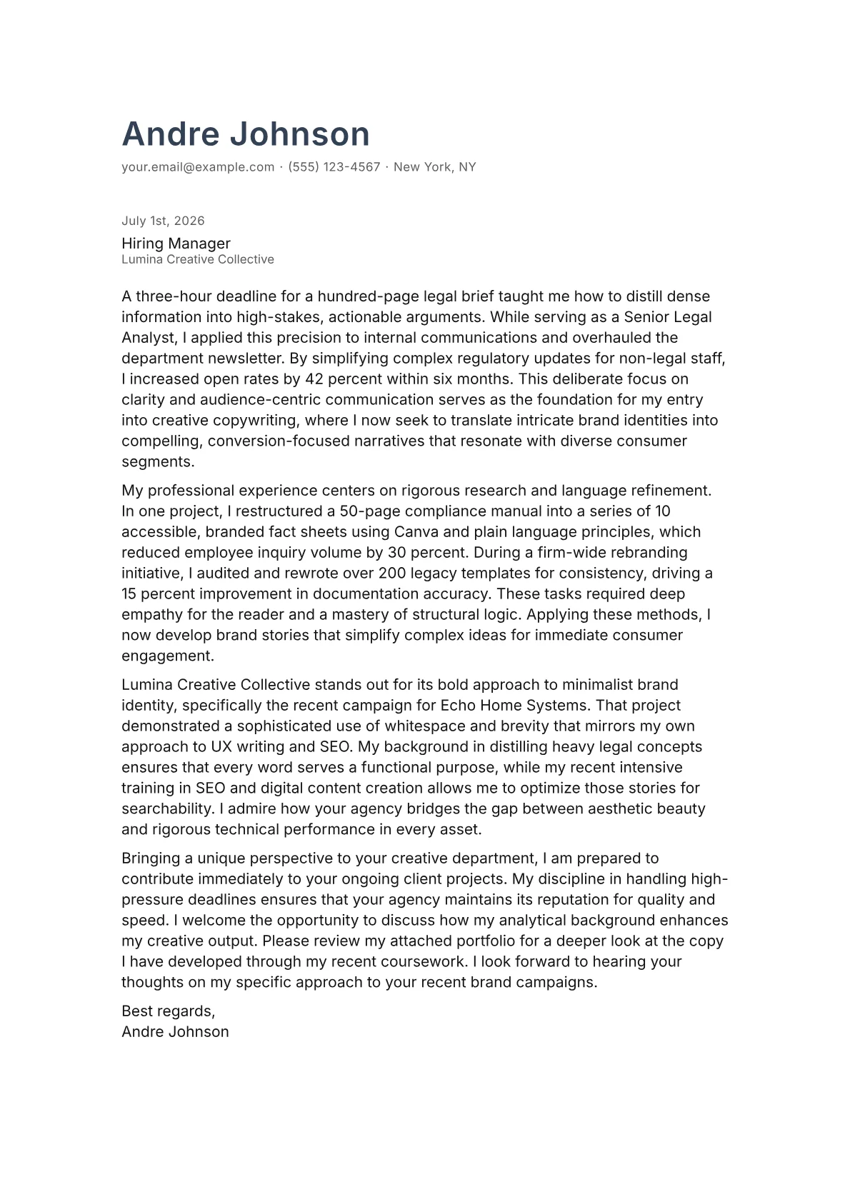 Creative Copywriter cover letter in the Minimal design