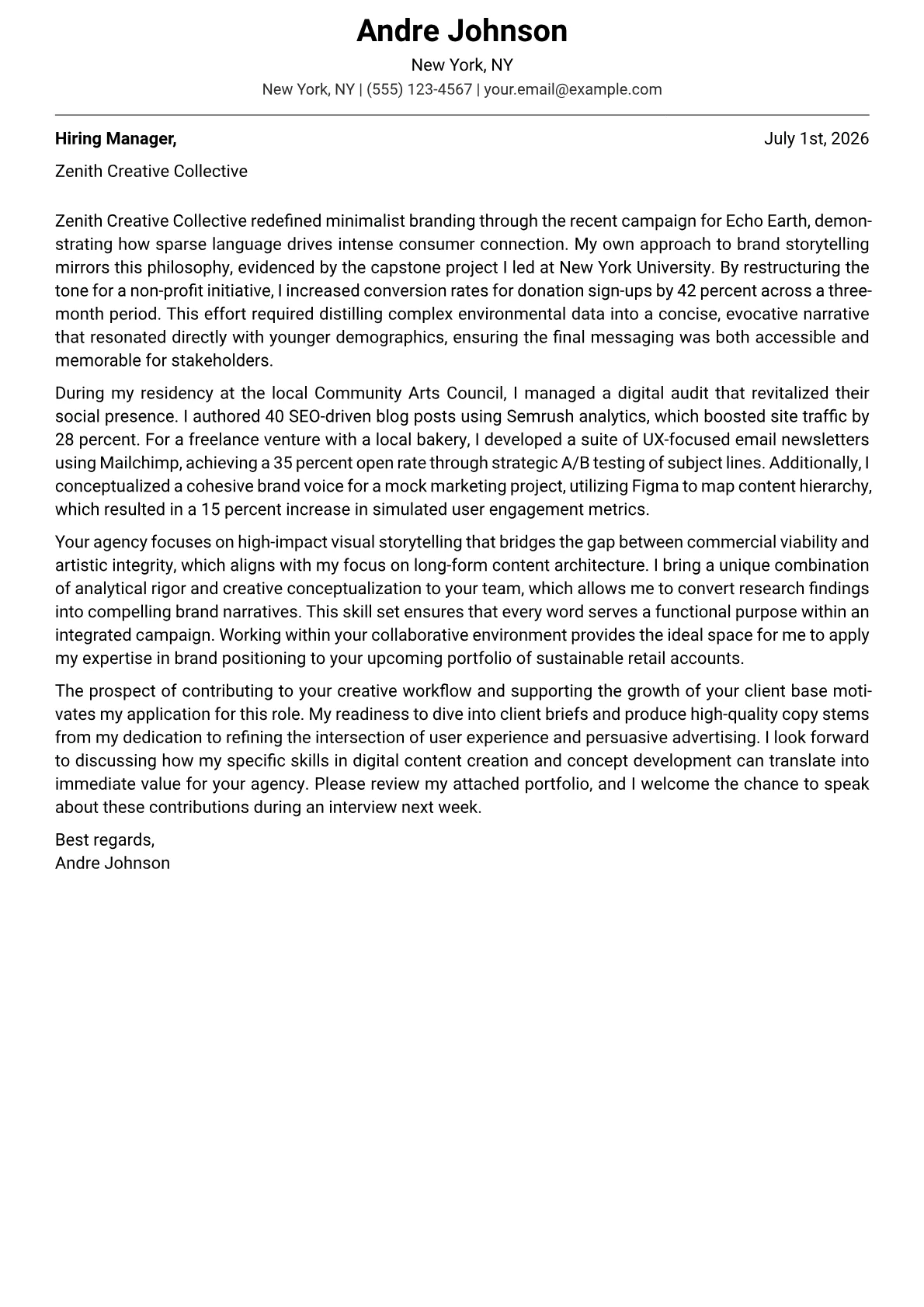 Creative Copywriter cover letter in the Modern design
