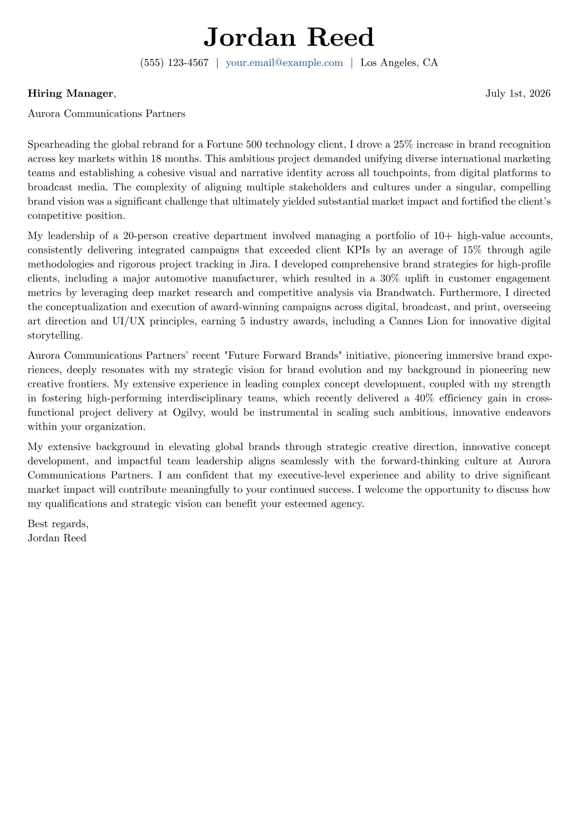 Creative Director Agency cover letter formatted with a JobSprout template