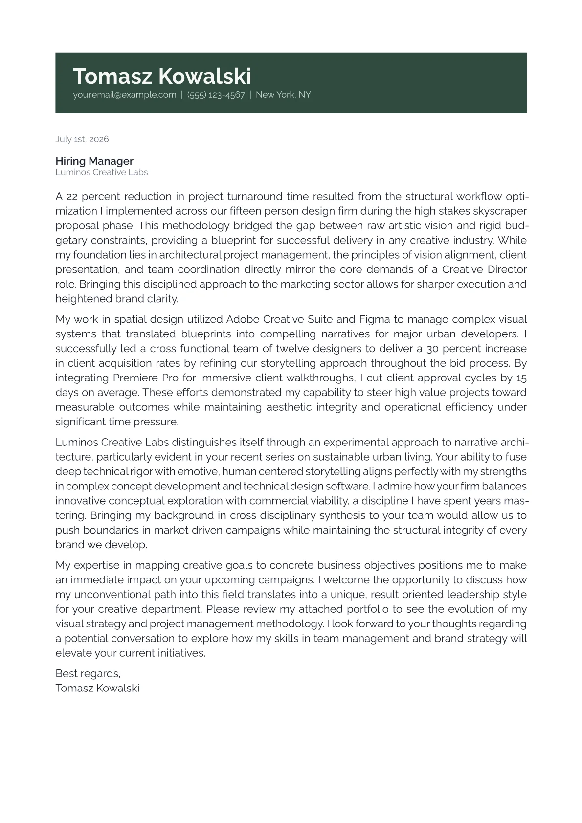 Creative Director cover letter in the Banner design