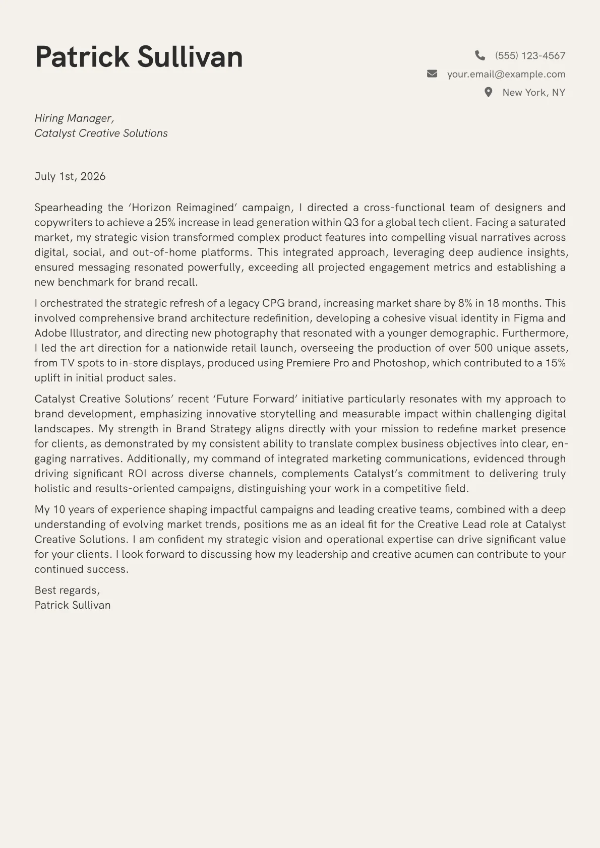 Creative Lead cover letter formatted with a JobSprout template