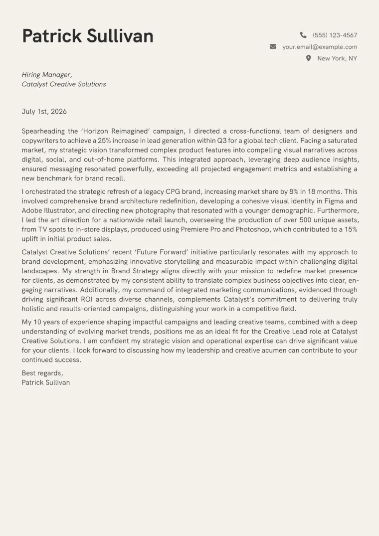 Creative Lead cover letter example preview