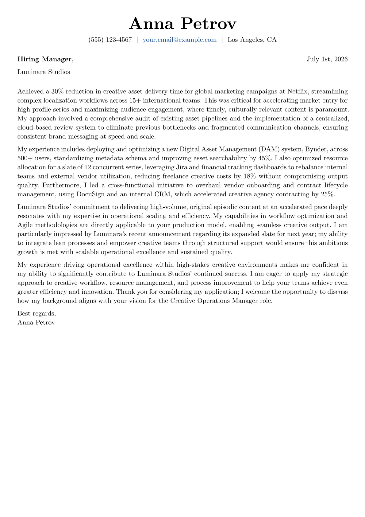 Creative Operations Manager cover letter formatted with a JobSprout template