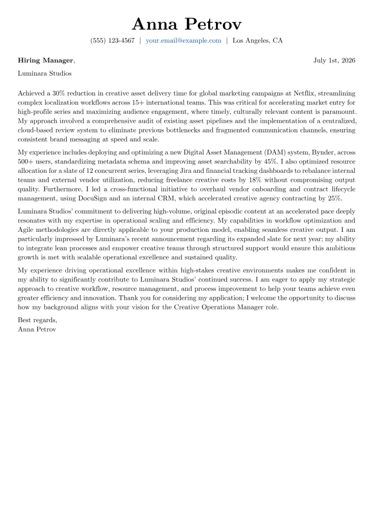 Creative Operations Manager cover letter example preview