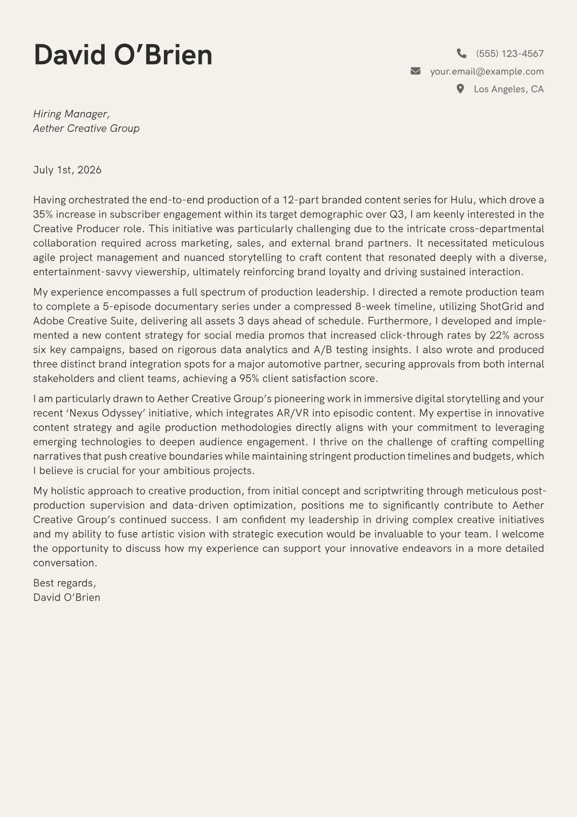 Creative Producer cover letter formatted with a JobSprout template