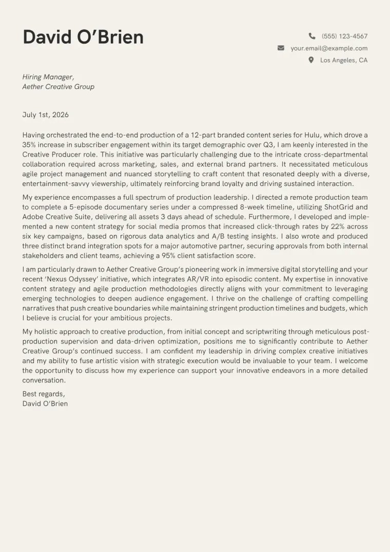 Creative Producer Cover Letter Example