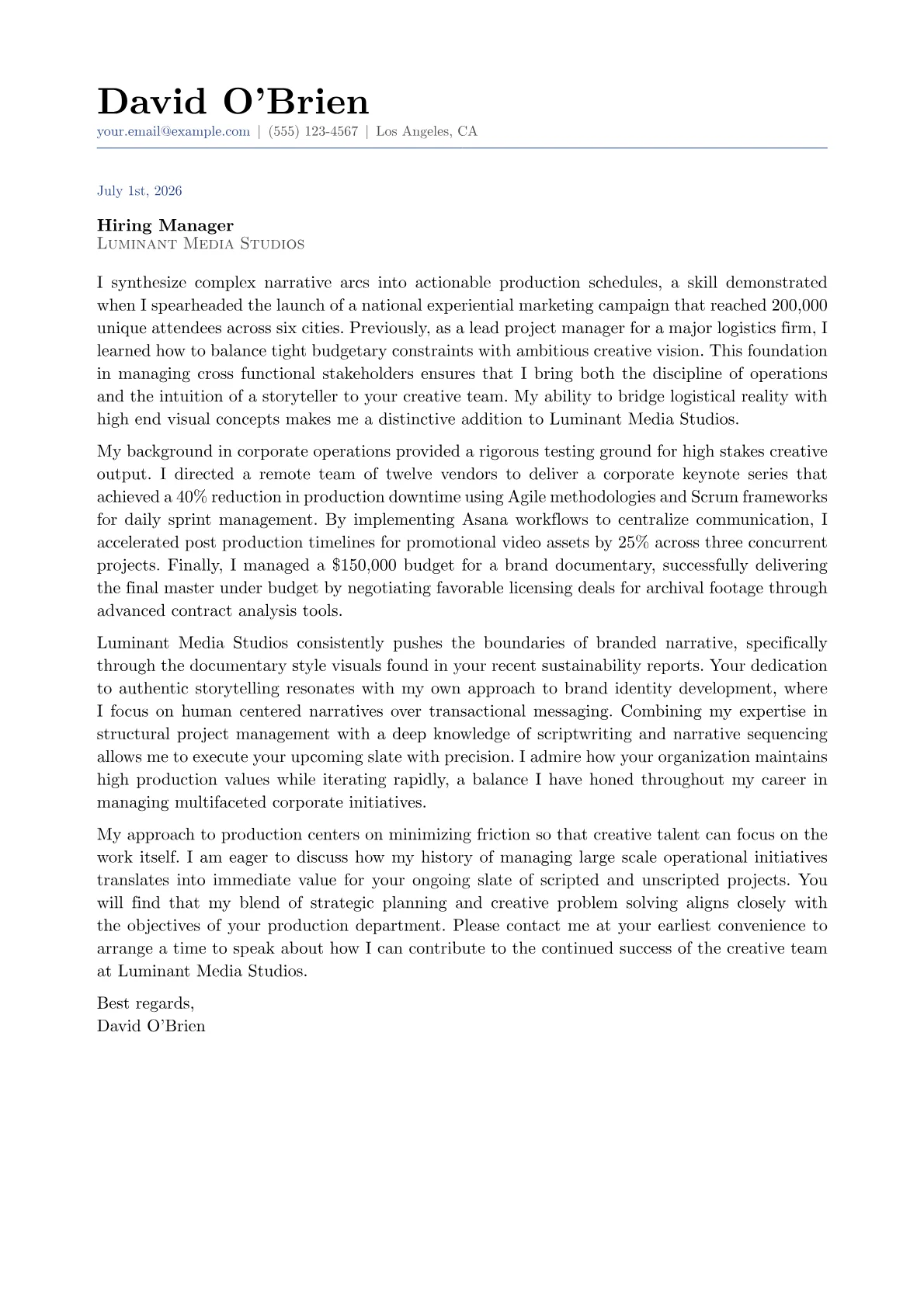 Creative Producer cover letter in the Classic design