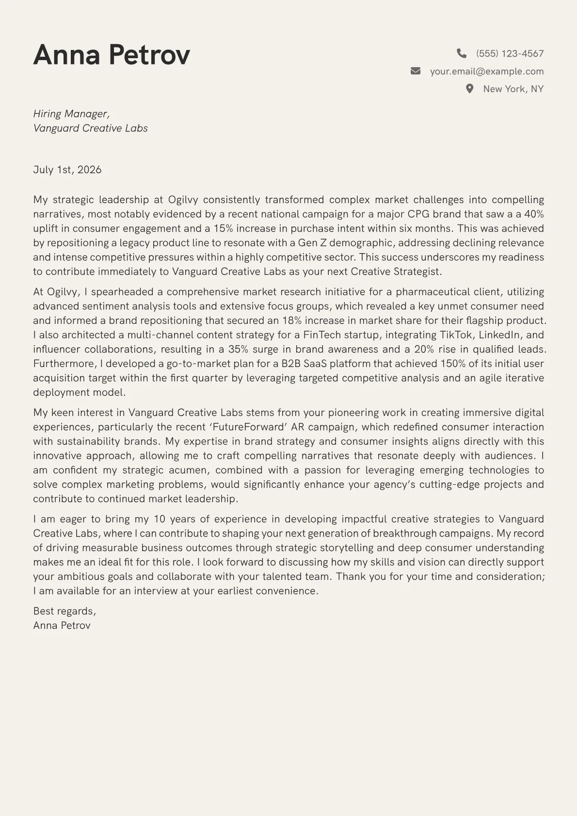 Creative Strategist cover letter formatted with a JobSprout template