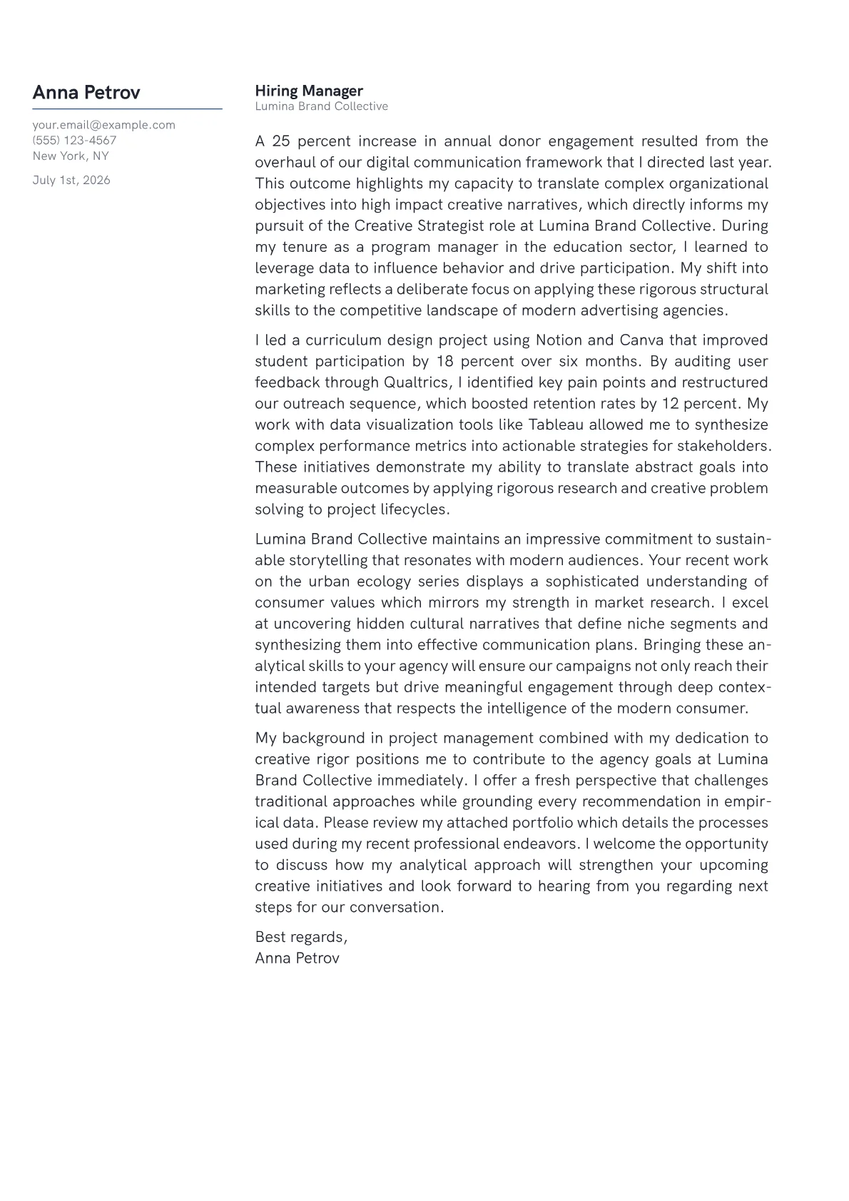 Creative Strategist cover letter in the Margin design