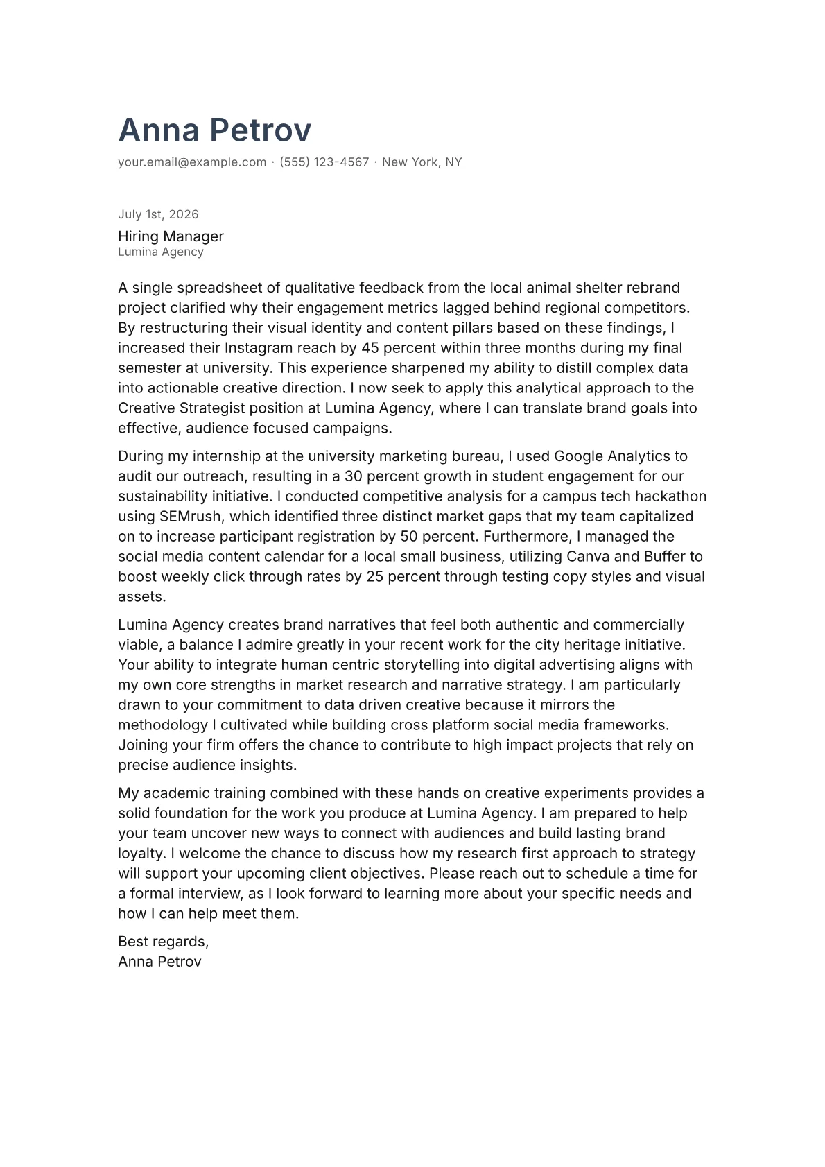Creative Strategist cover letter in the Minimal design