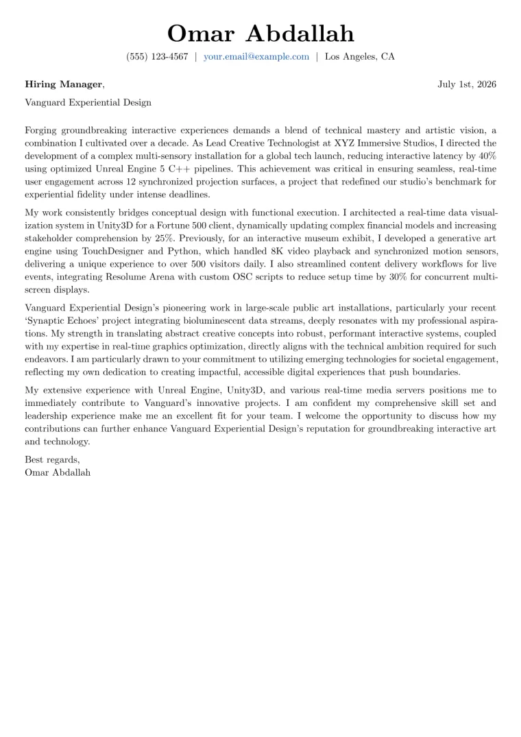 Creative Technologist Cover Letter Example
