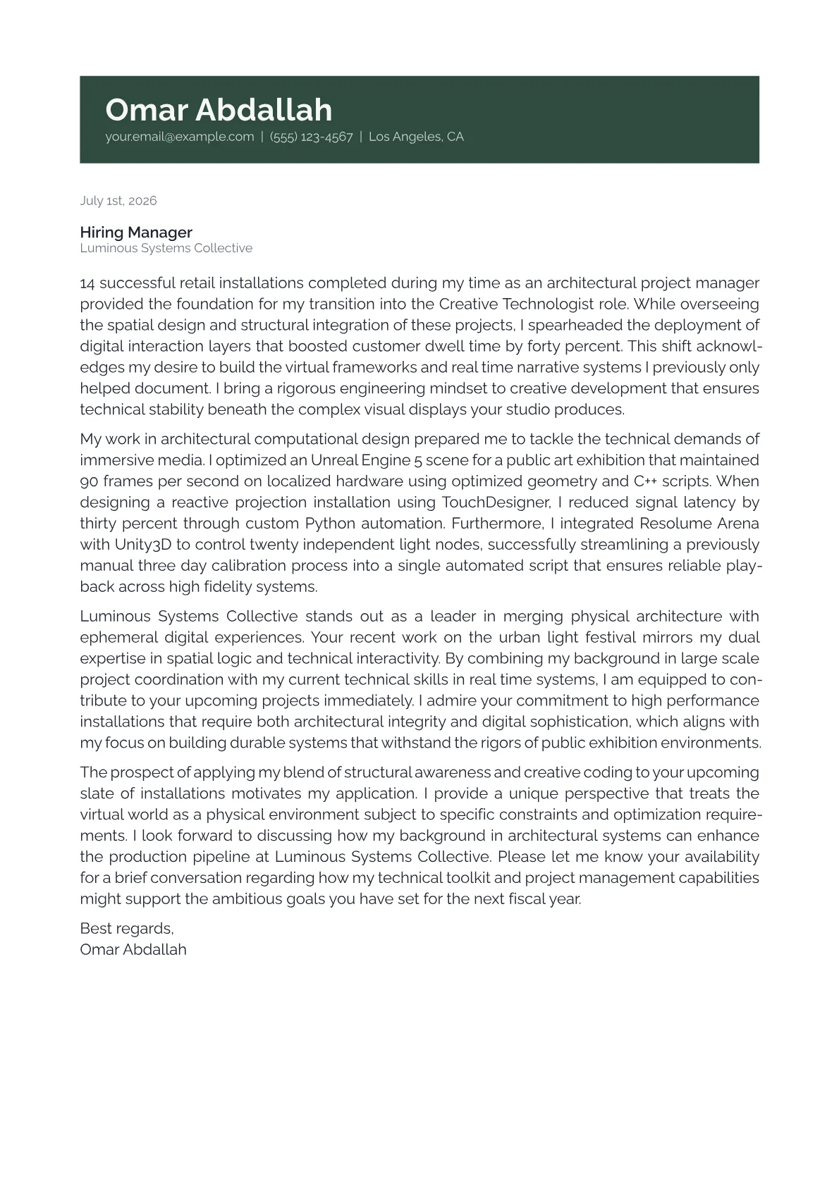 Creative Technologist cover letter in the Banner design
