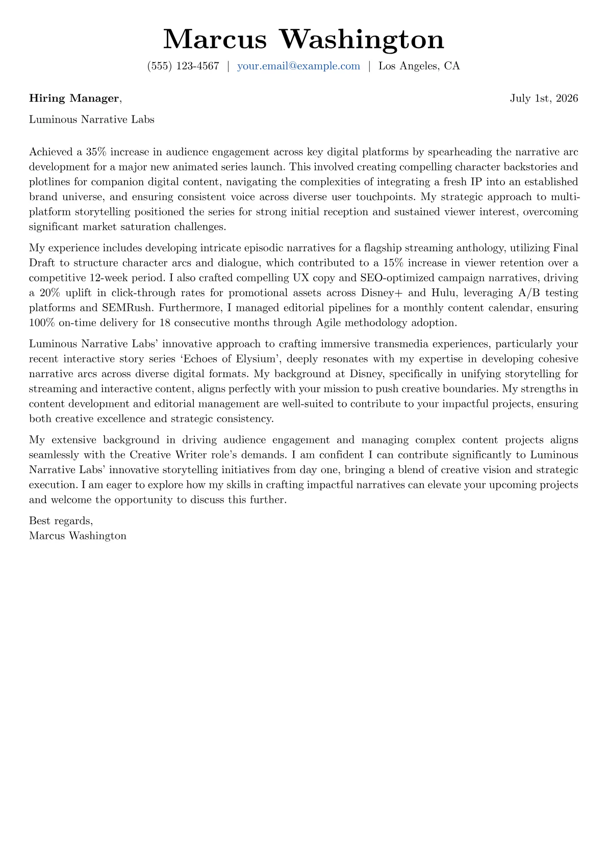 Creative Writer cover letter formatted with a JobSprout template