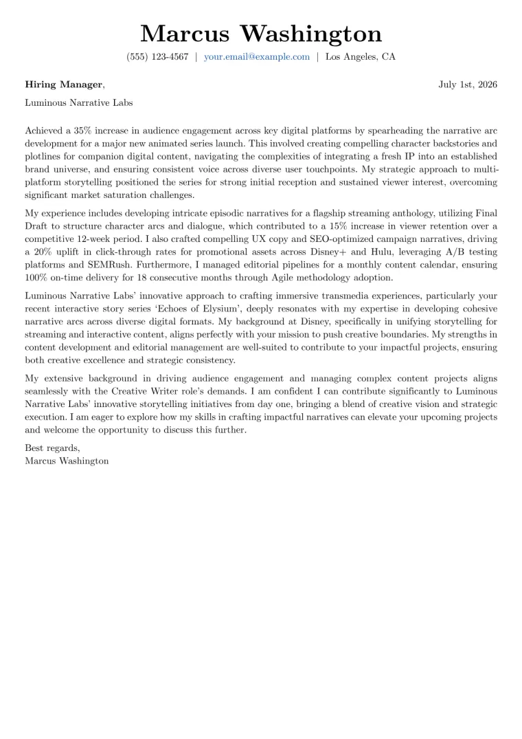 Creative Writer Cover Letter Example