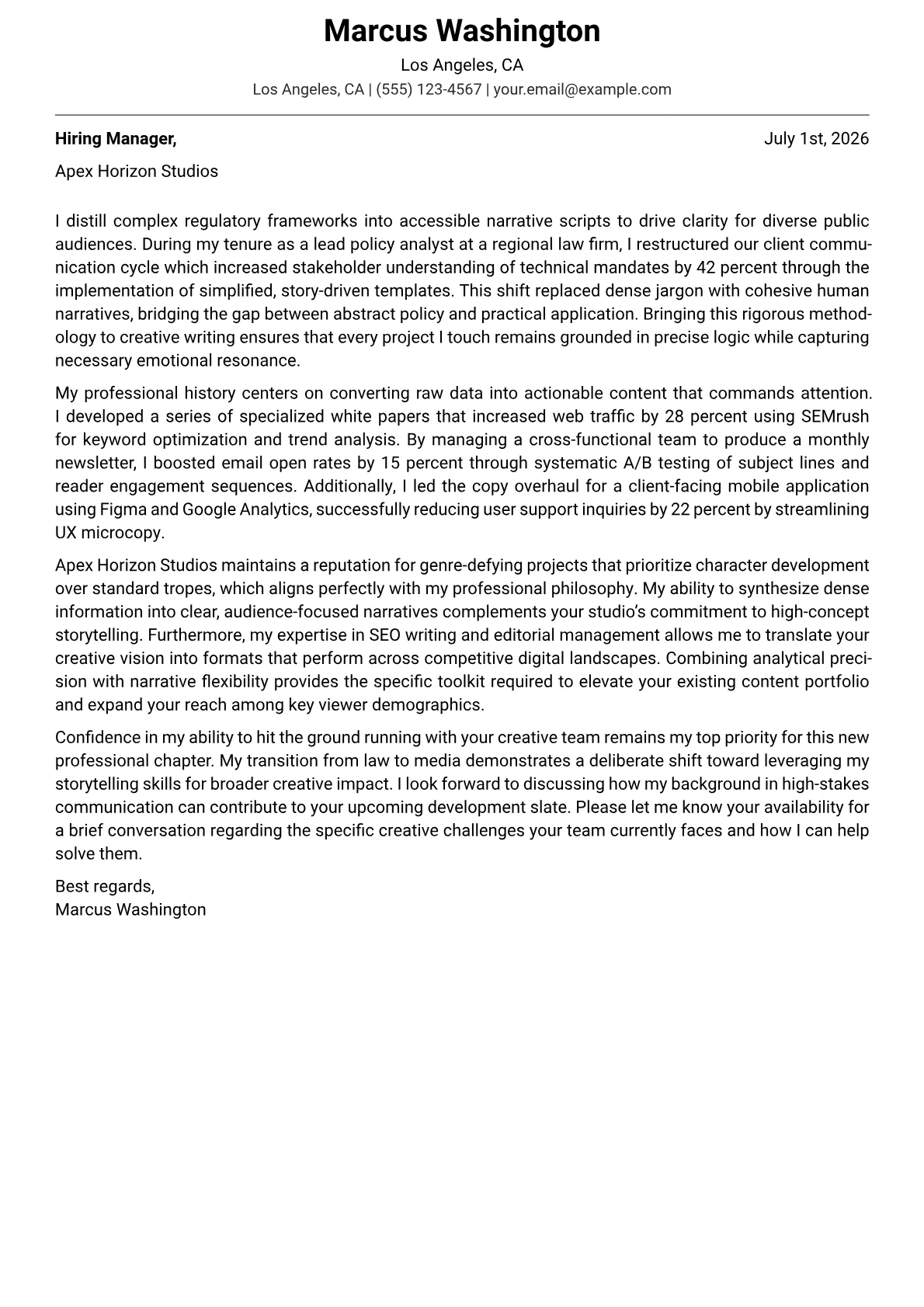 Creative Writer cover letter in the Modern design