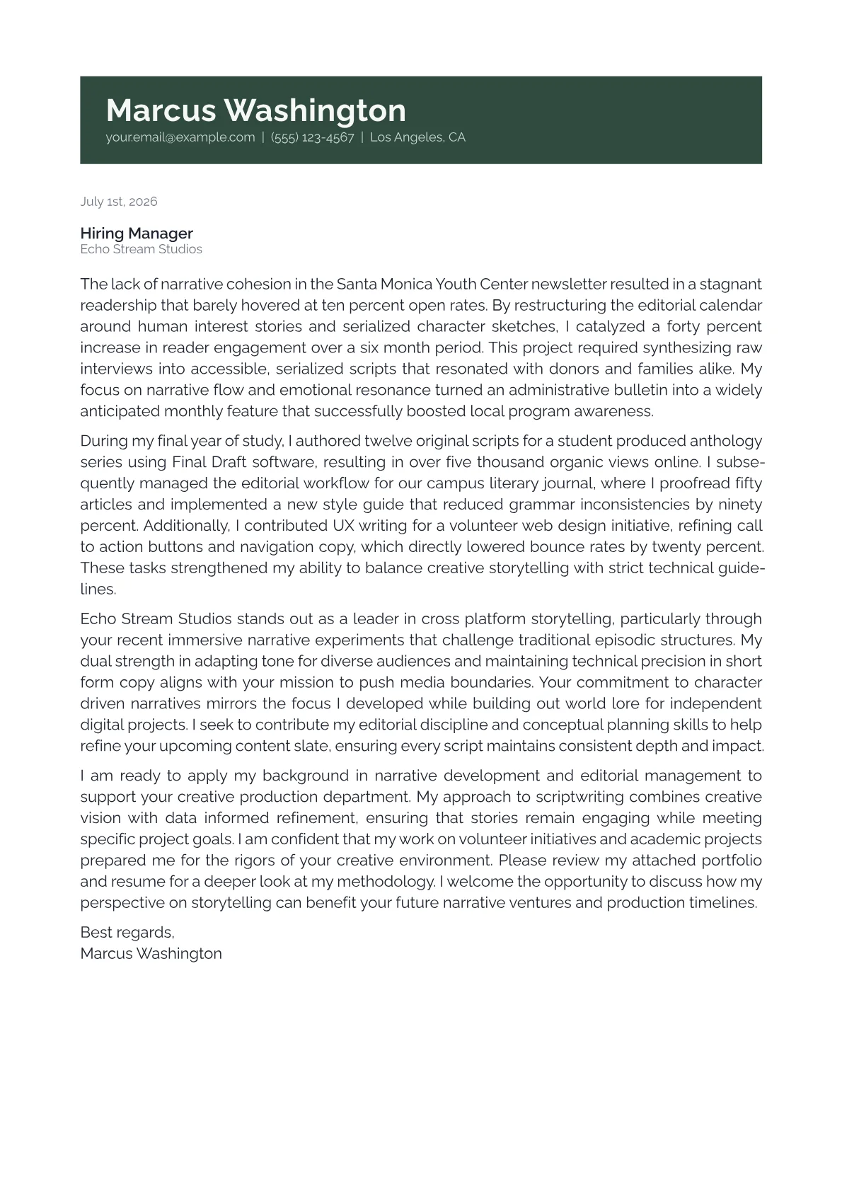 Creative Writer cover letter in the Banner design