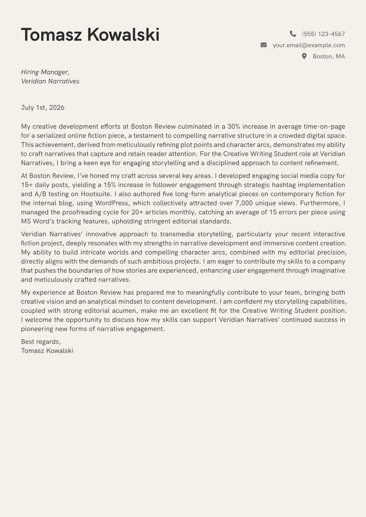 Creative Writing Student cover letter formatted with a JobSprout template