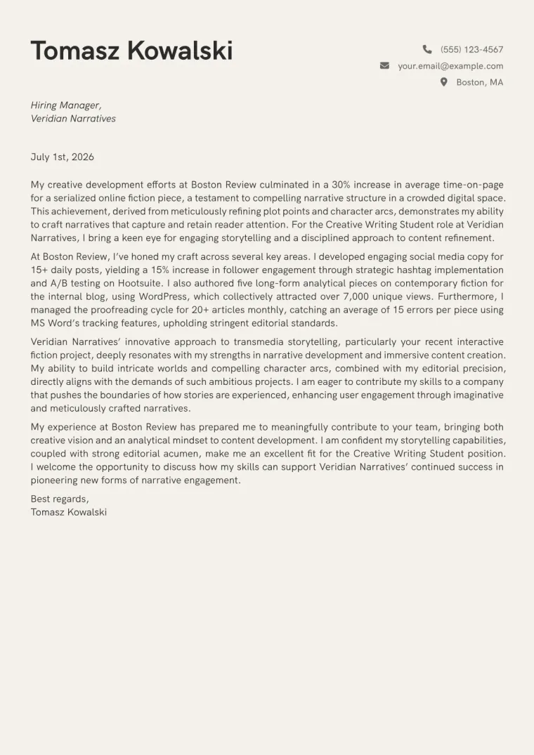 Creative Writing Student Cover Letter Example