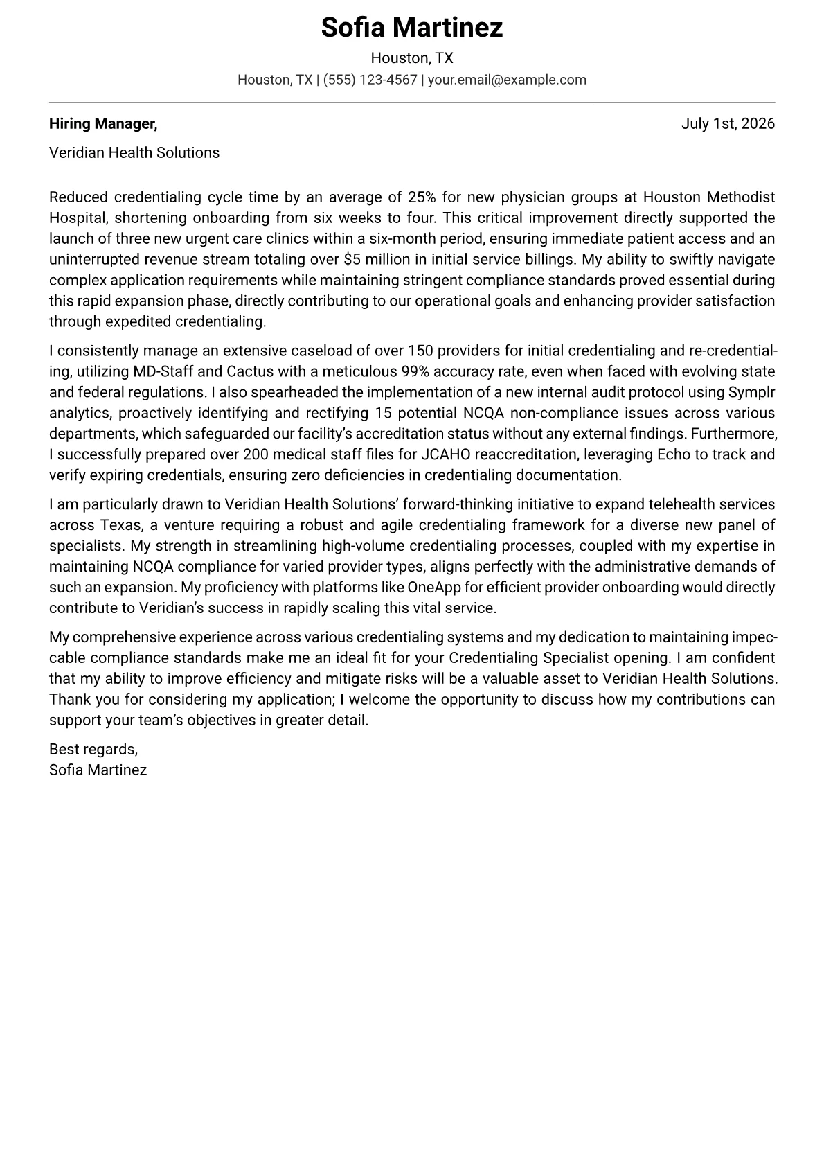 Credentialing Specialist cover letter formatted with a JobSprout template