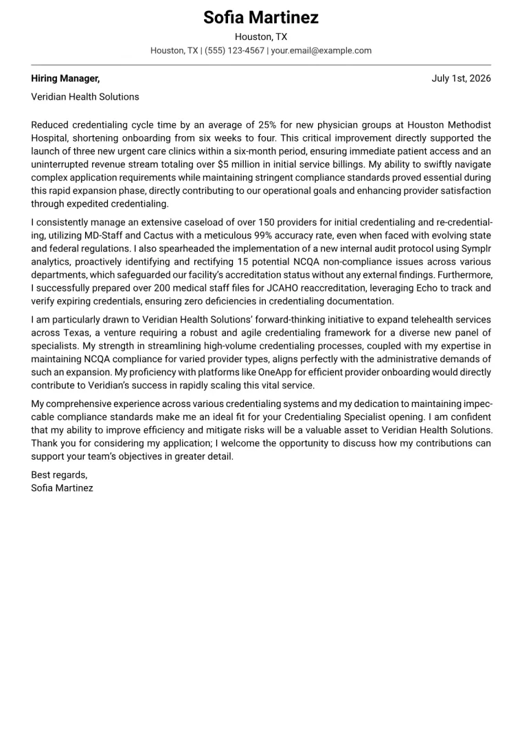 Credentialing Specialist cover letter example preview