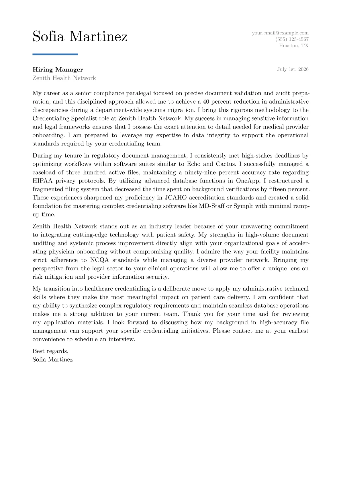 Credentialing Specialist cover letter in the Executive design