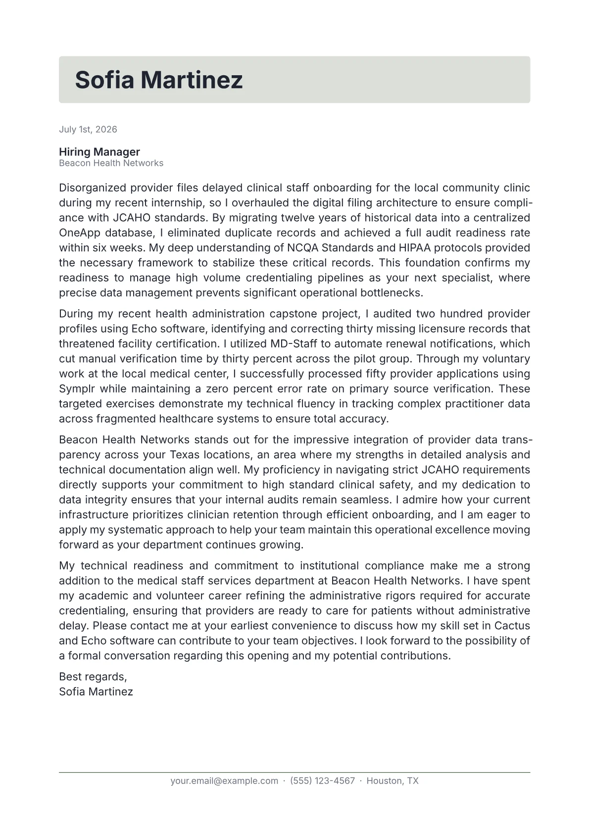Credentialing Specialist cover letter in the Letterhead design
