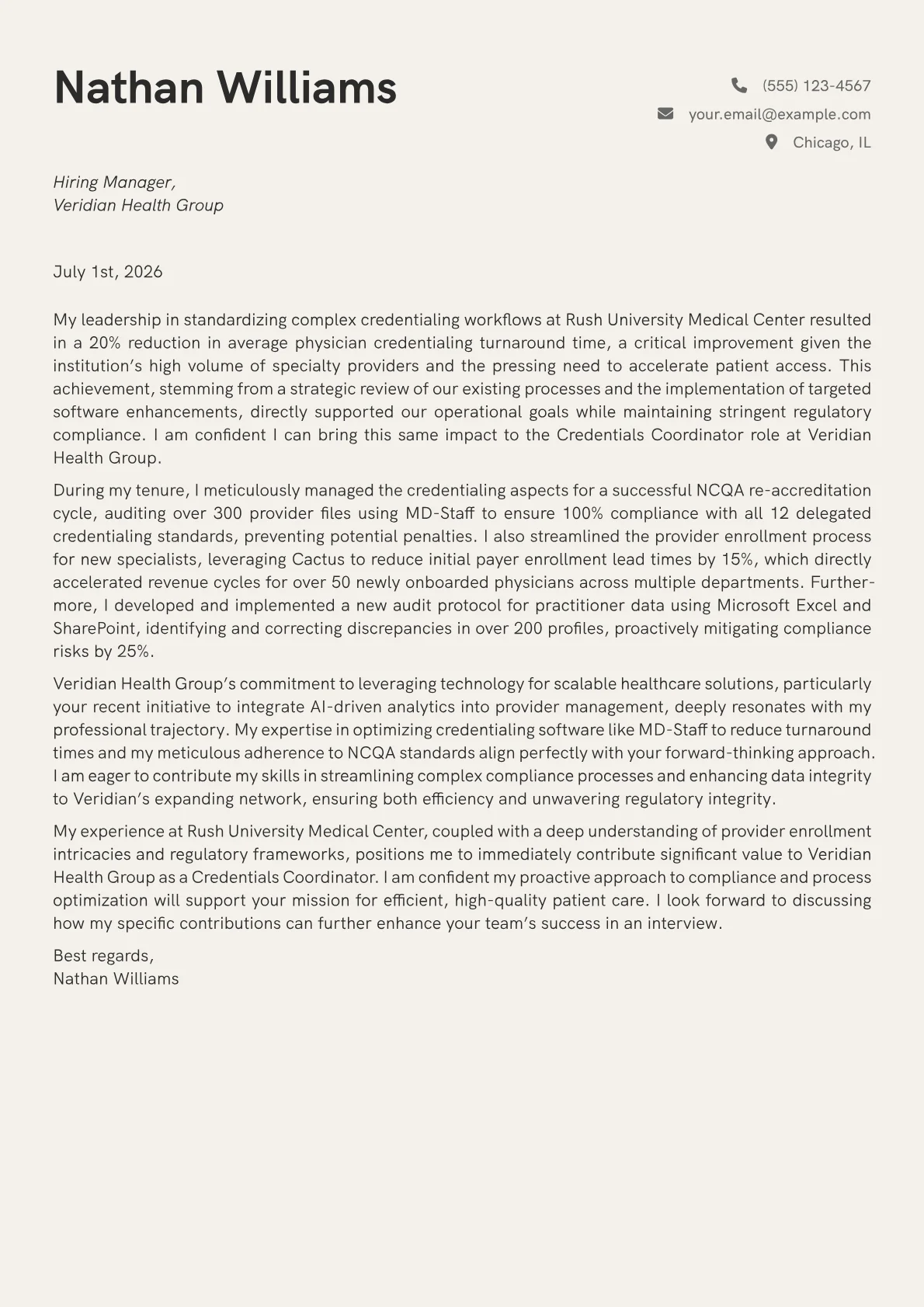 Credentials Coordinator cover letter formatted with a JobSprout template