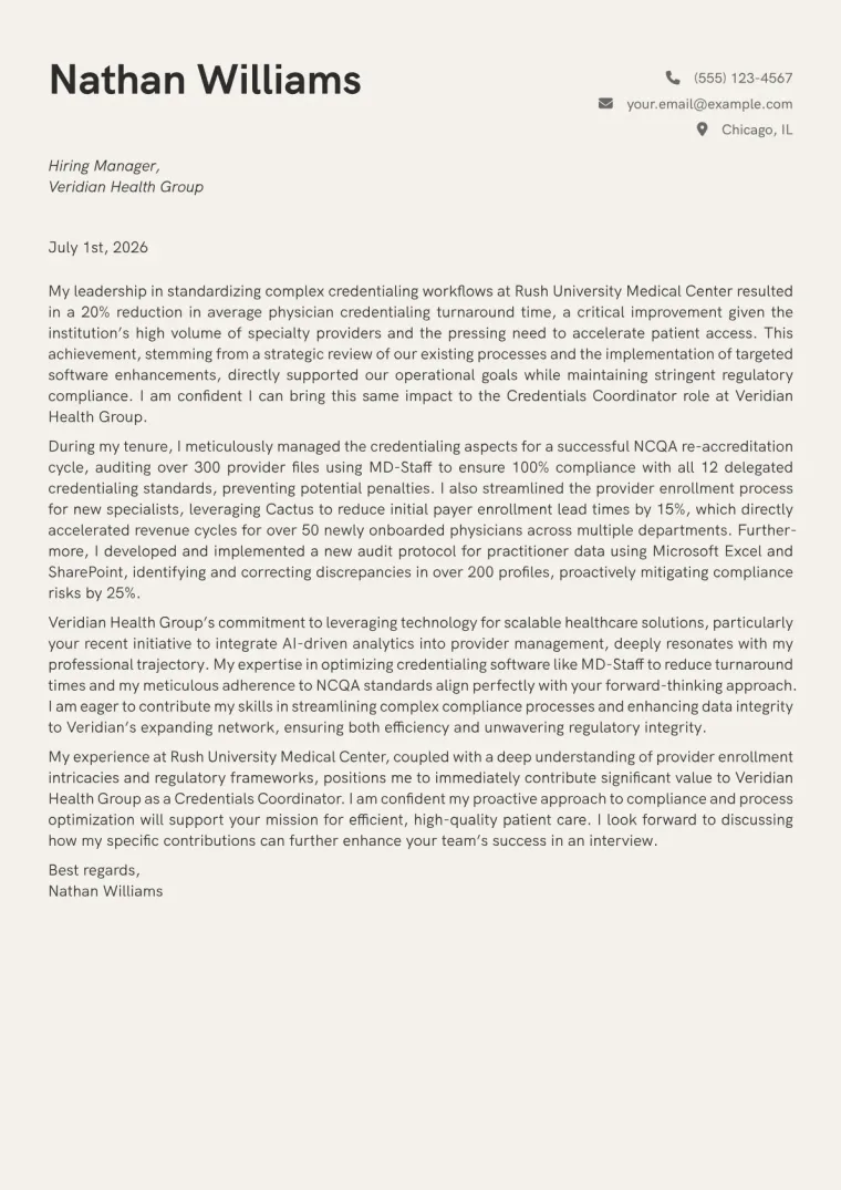 Credentials Coordinator cover letter example preview