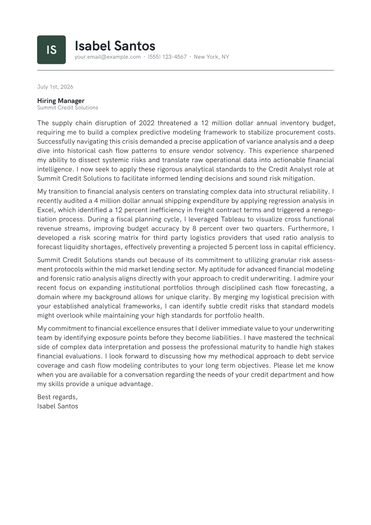 Credit Analyst cover letter in the Emblem design