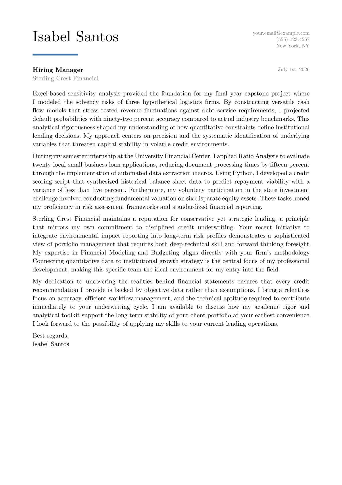 Credit Analyst cover letter in the Executive design