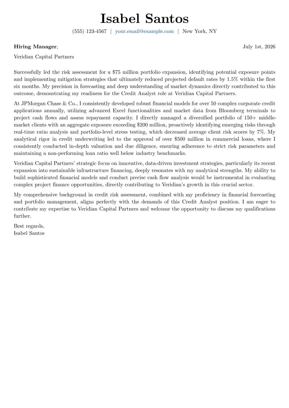Credit Analyst cover letter formatted with a JobSprout template